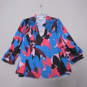 Crosby by Mollie Burch Meaghan Top XS Blue Pink Into The Garden Flowy Boho Artsy